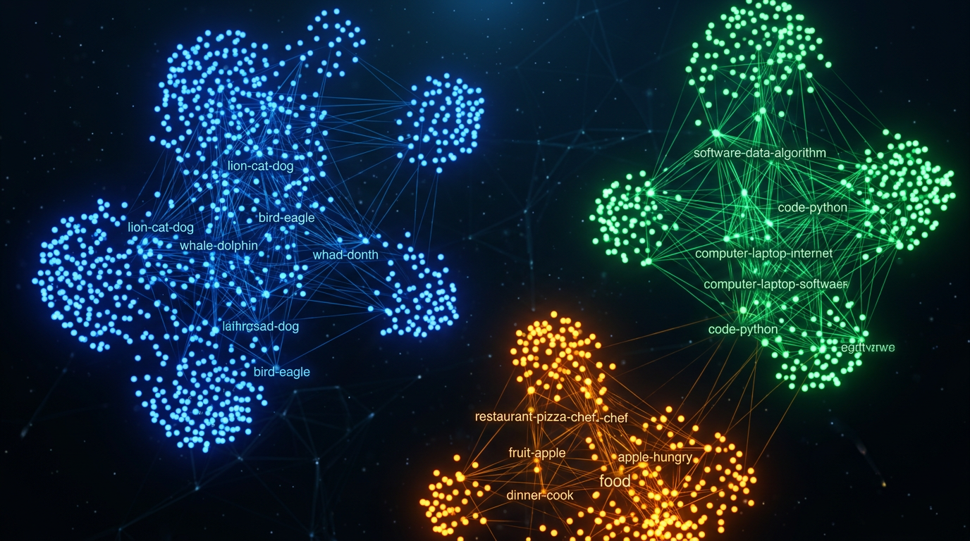Nano Banana 2 生成：3D Embedding 空间中的词语聚类